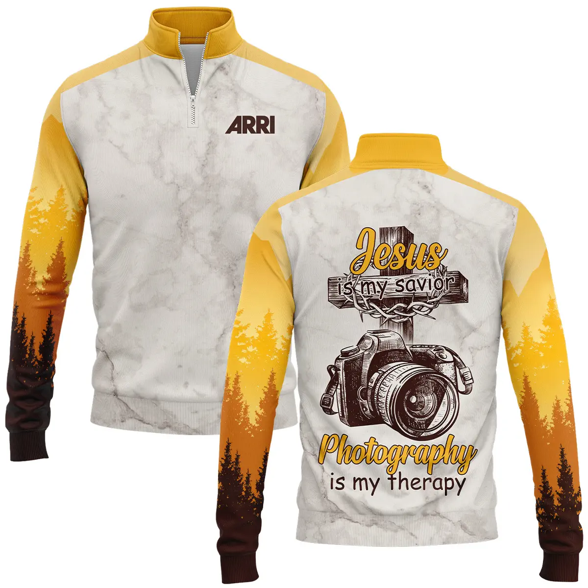 Jesus Is My Savior Photography Is My Therapy Arri Photography Videography Apparel All Over Prints BL241024A2AR - Quarter-Zip Jacket