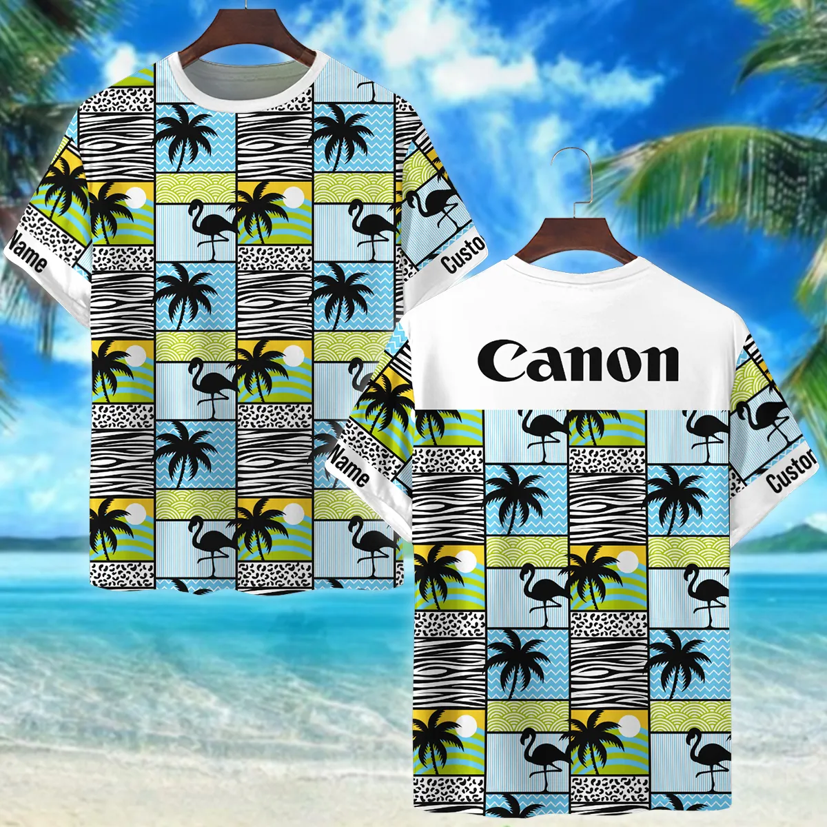 Canon Flamingos And Palms Photography Summer Pattern Premium T-Shirt All Over Prints Gift Loves BL1125A9CNTS