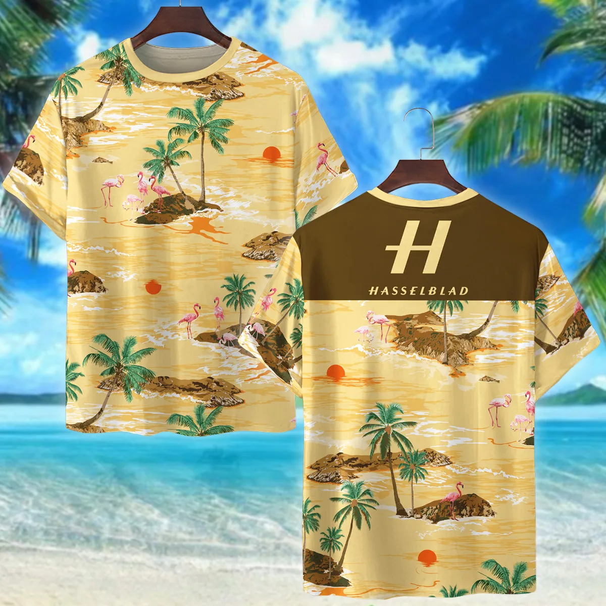 Hasselblad Palm Island With Flamingo Photography Summer Pattern Premium T-Shirt All Over Prints Gift Loves BL1125A53HSBTS