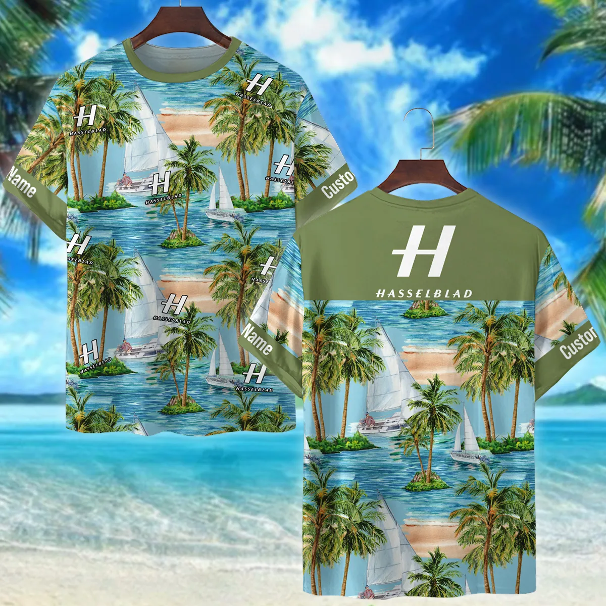 Hasselblad Palm Sailboat Turquoise Waves Photography Summer Pattern Premium T-Shirt All Over Prints Gift Loves BL1125A35HSBTS