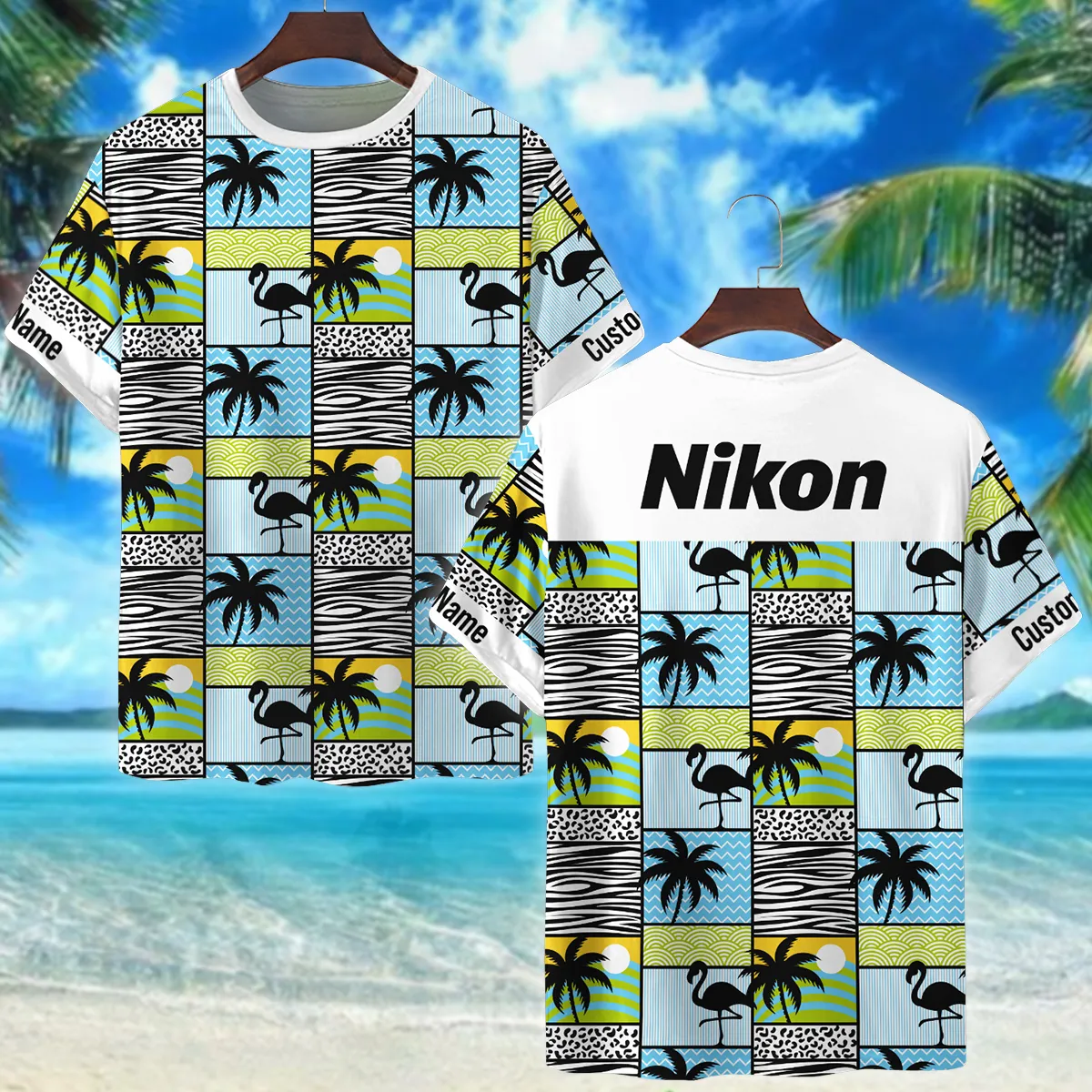 Nikon Flamingos And Palms Photography Summer Pattern Premium T-Shirt All Over Prints Gift Loves BL1125A9NKTS