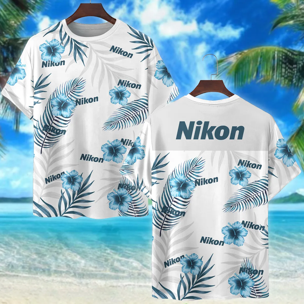 Nikon Hibiscus Palm Leaves Photography Summer Pattern Premium T-Shirt All Over Prints Gift Loves BL1125A4NKTS