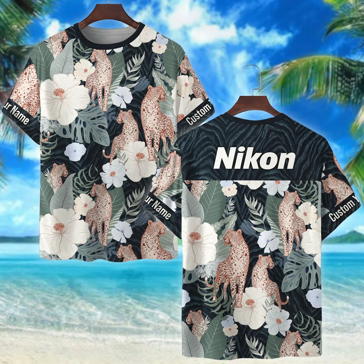 Nikon Leopards And Tropical Flowers Photography Summer Pattern Premium T-Shirt All Over Prints Gift Loves BL1125A61NKTS