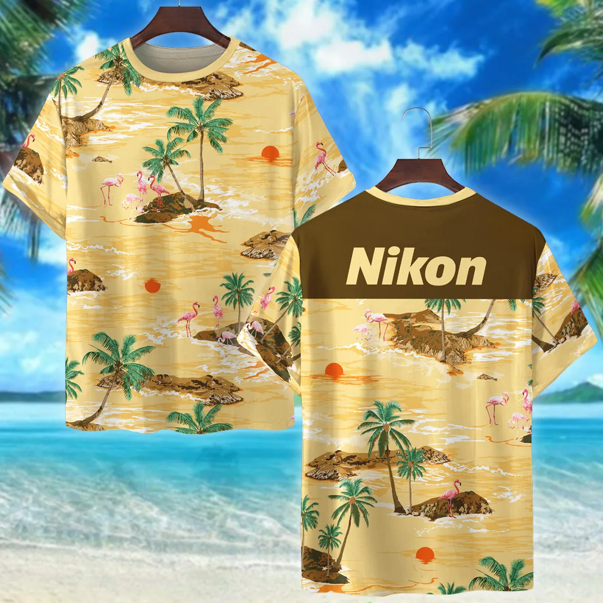 Nikon Palm Island With Flamingo Photography Summer Pattern Premium T-Shirt All Over Prints Gift Loves BL1125A53NKTS