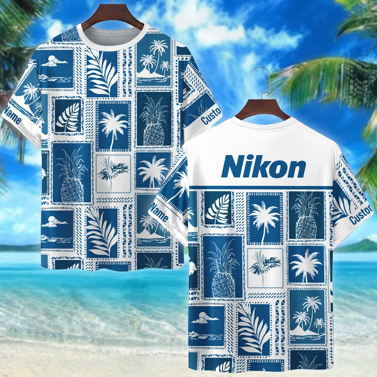 Nikon Retro Monotone Blue Tropical Photography Summer Pattern Premium T-Shirt All Over Prints Gift Loves BL1125A10NKTS