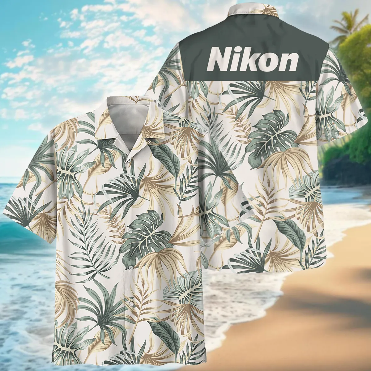 Nikon Tropical Beige Green Palm Photography Summer Pattern Oversized Hawaiian Shirt All Over Prints Gift Loves BL1125A39NKHW