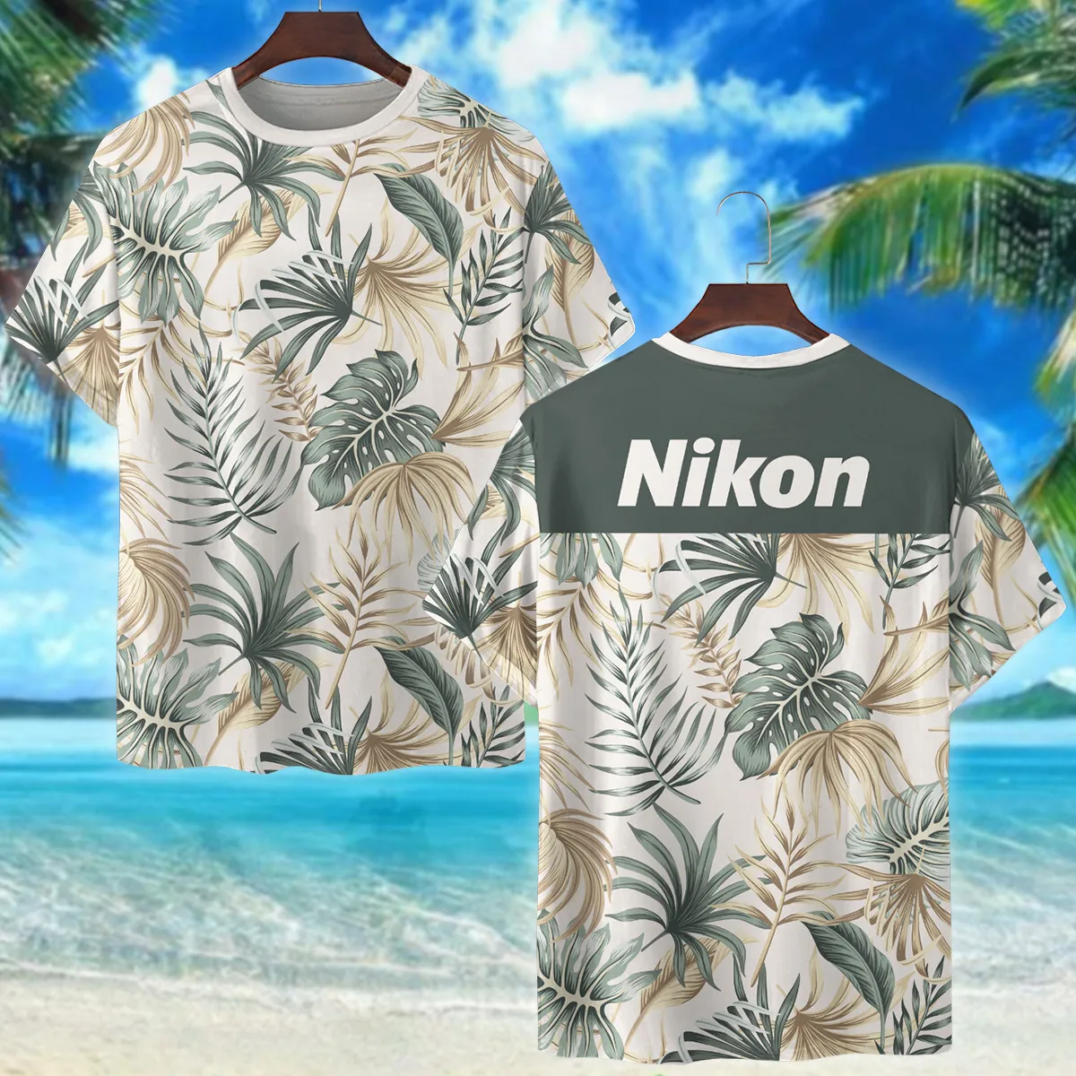 Nikon Tropical Beige Green Palm Photography Summer Pattern Premium T-Shirt All Over Prints Gift Loves BL1125A39NKTS